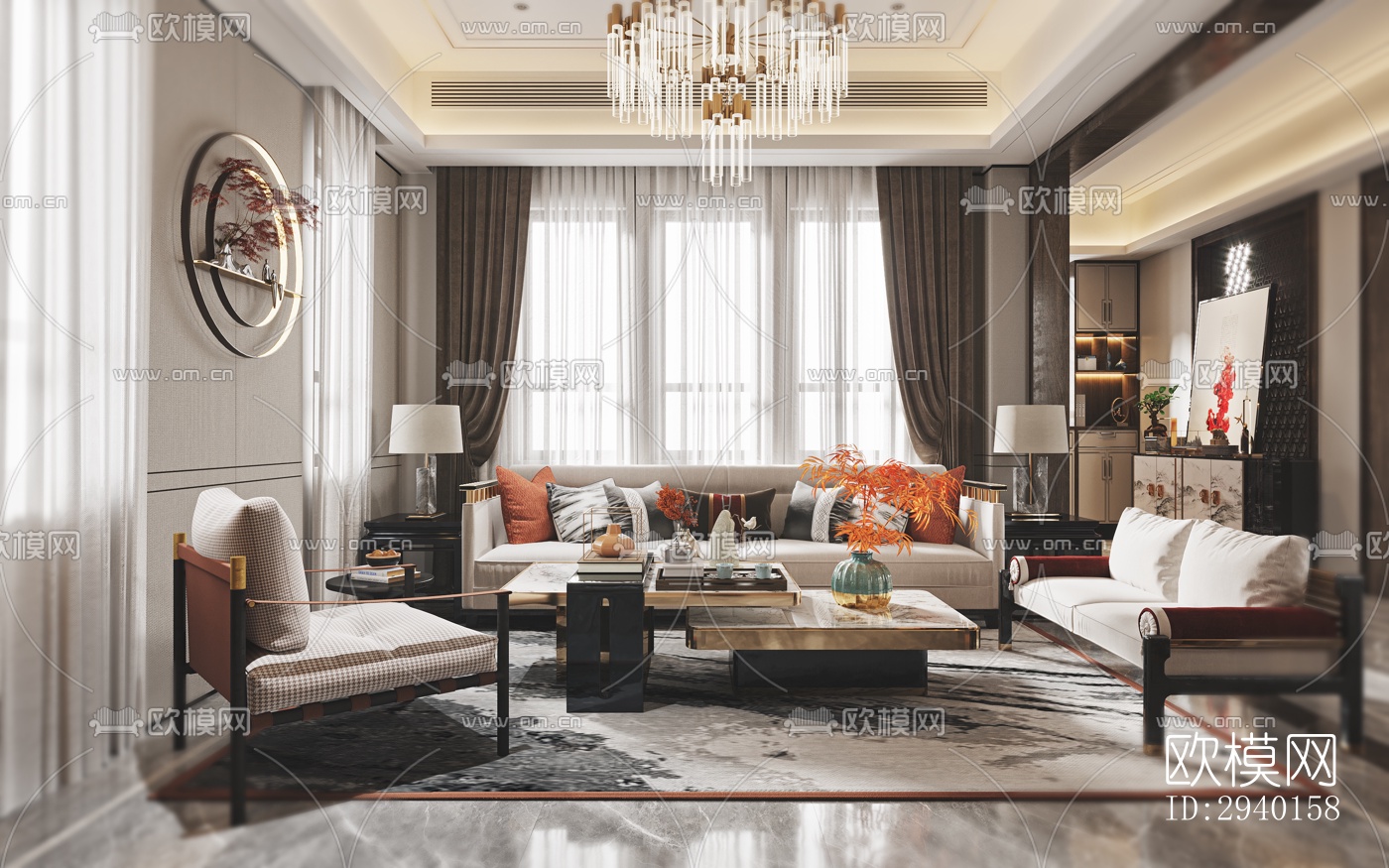 新中式平层效果图下载（渲染图6）