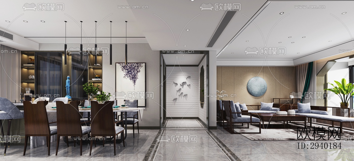 新中式平层效果图下载（渲染图5）