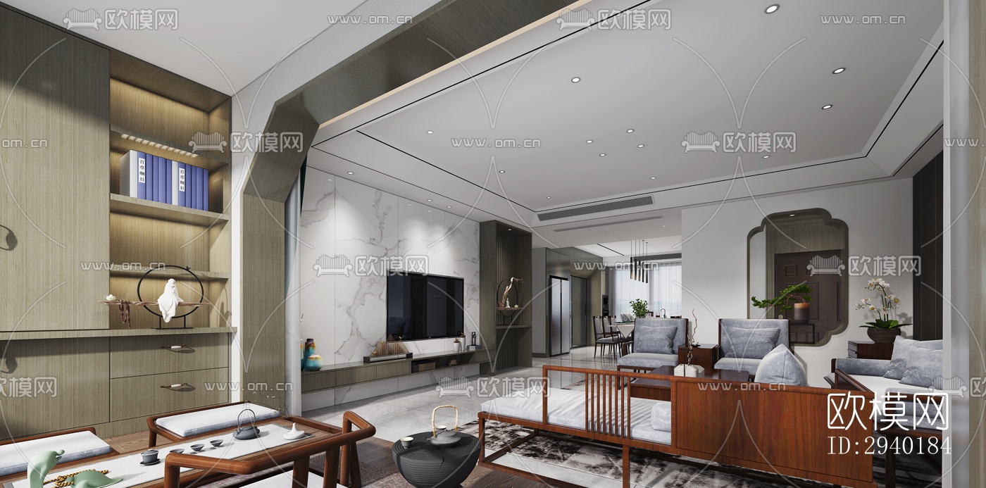 新中式平层效果图下载（渲染图1）