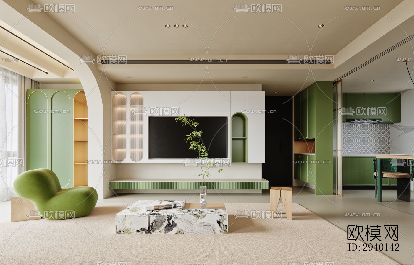 奶油风平层效果图下载（渲染图8）