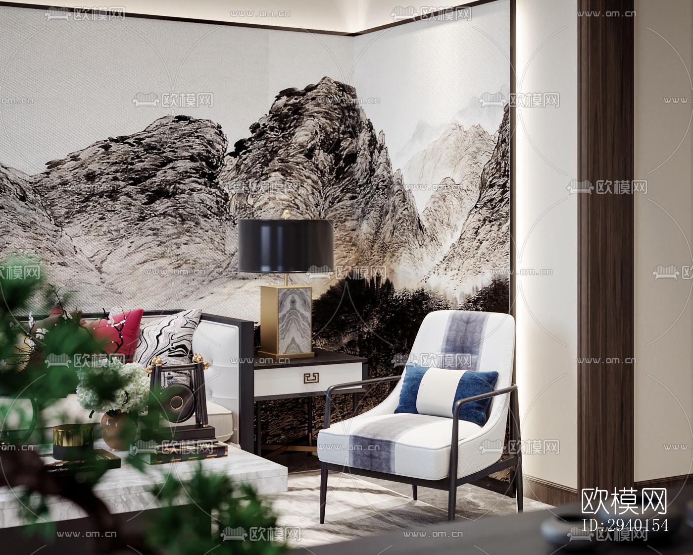 新中式平层效果图下载（渲染图2）