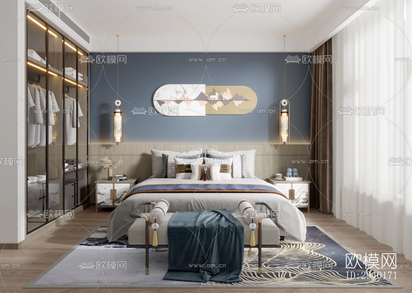 新中式平层效果图下载（渲染图14）