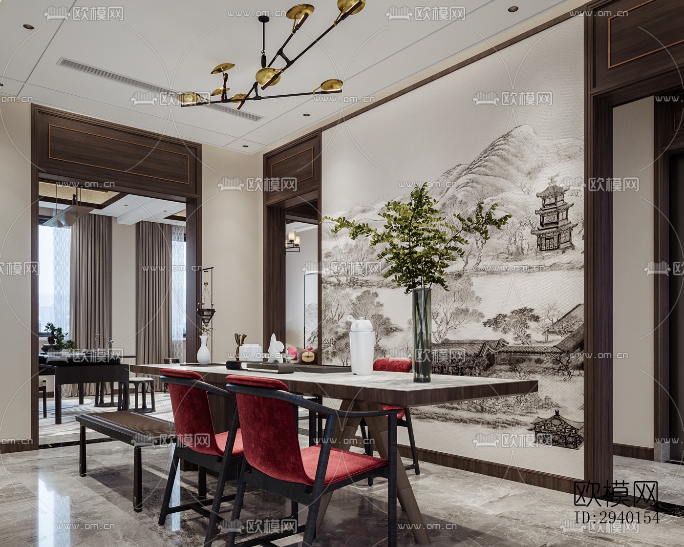 新中式平层效果图下载（渲染图3）