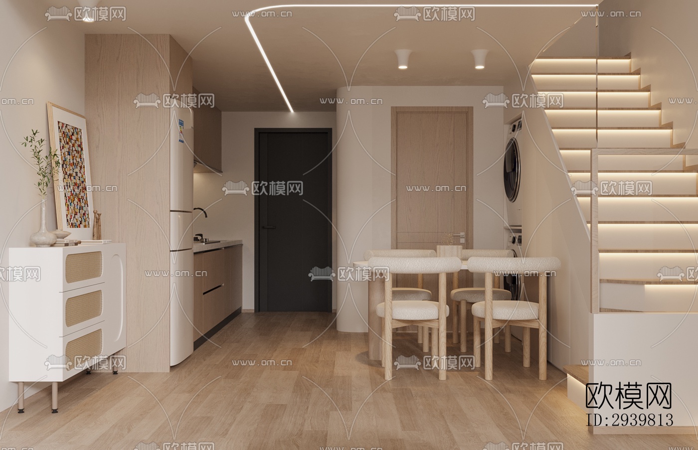 奶油风公寓效果图下载（渲染图2）