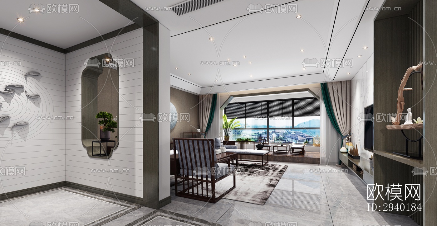 新中式平层效果图下载（渲染图3）