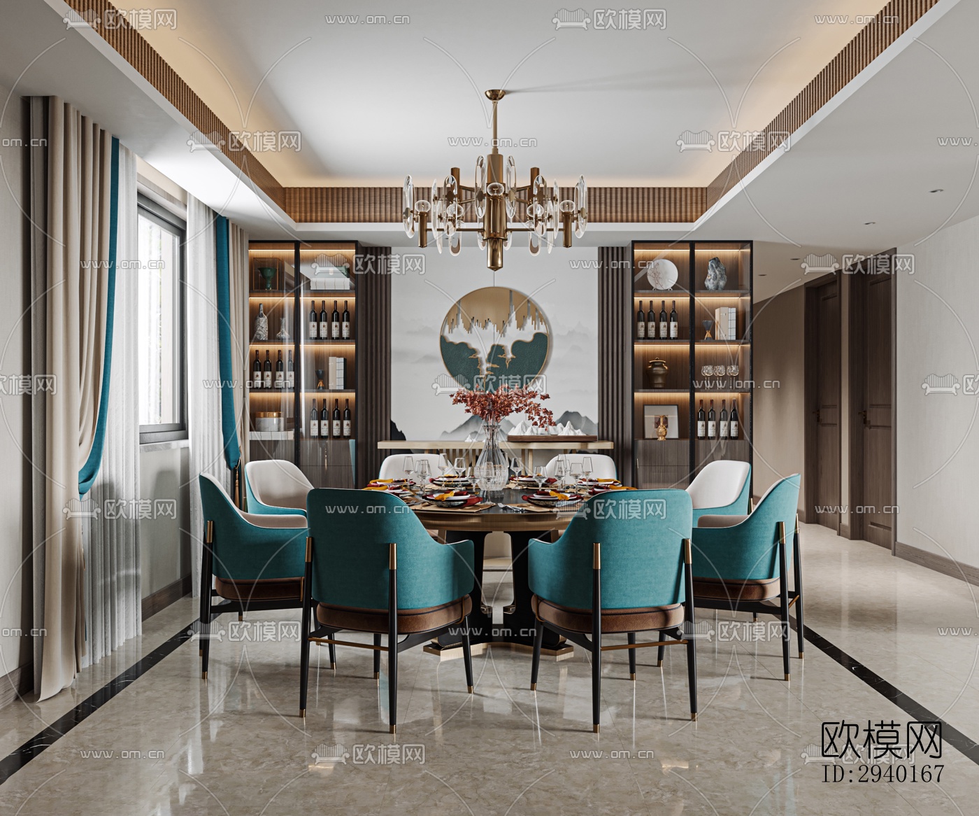 新中式平层效果图下载（渲染图2）