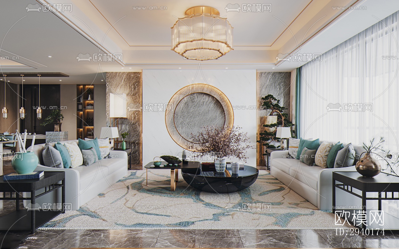 新中式平层效果图下载（渲染图9）