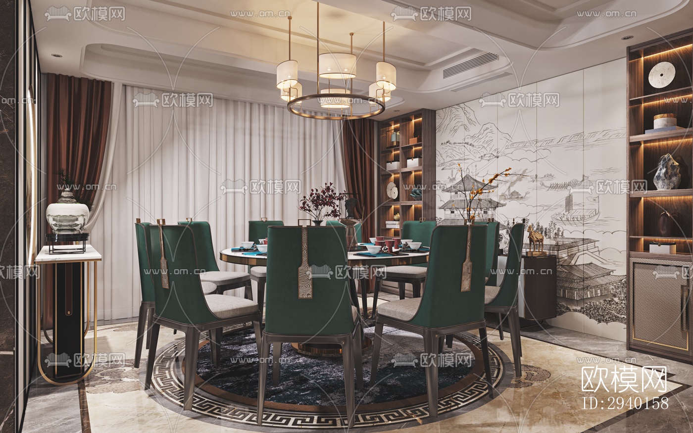 新中式平层效果图下载（渲染图2）