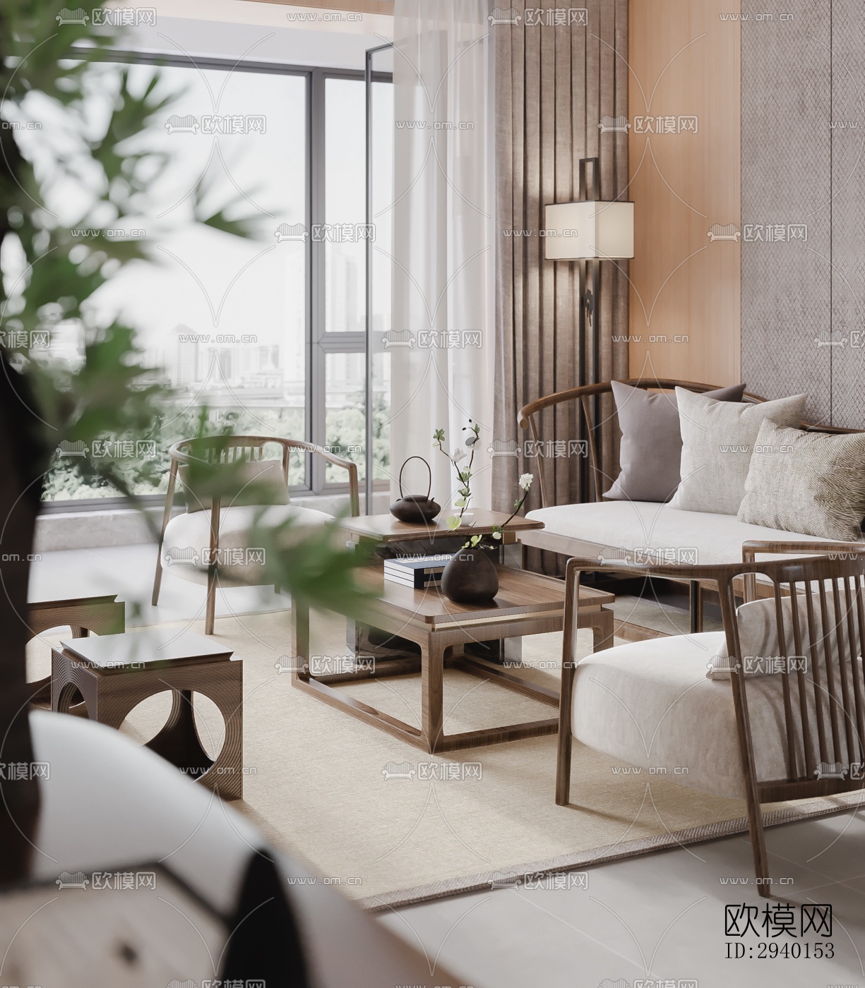 新中式平层效果图下载（渲染图3）