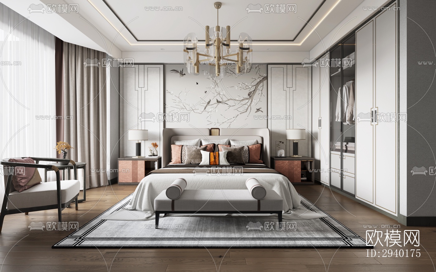 新中式平层效果图下载（渲染图9）