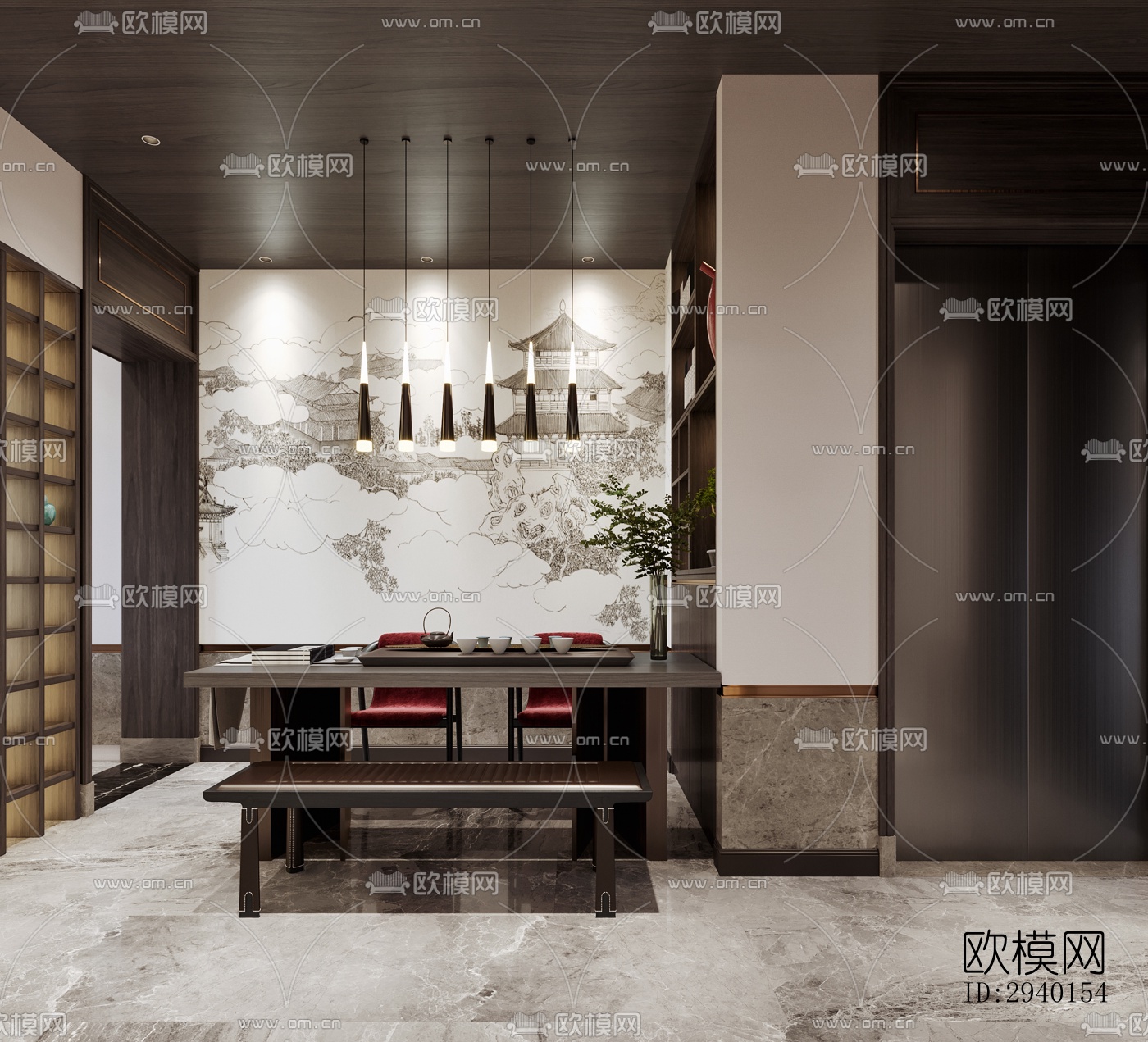 新中式平层效果图下载（渲染图9）