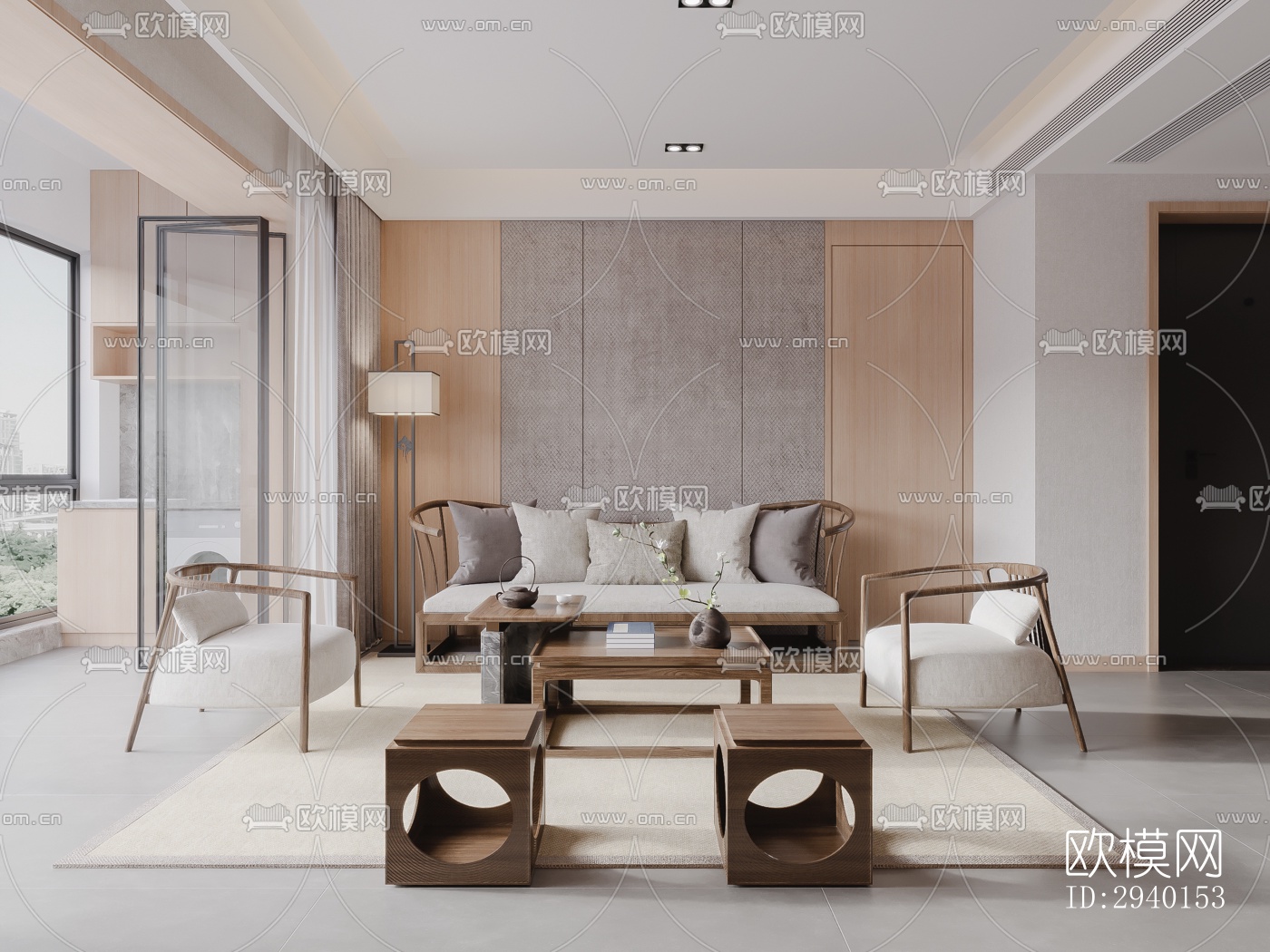 新中式平层效果图下载（渲染图1）