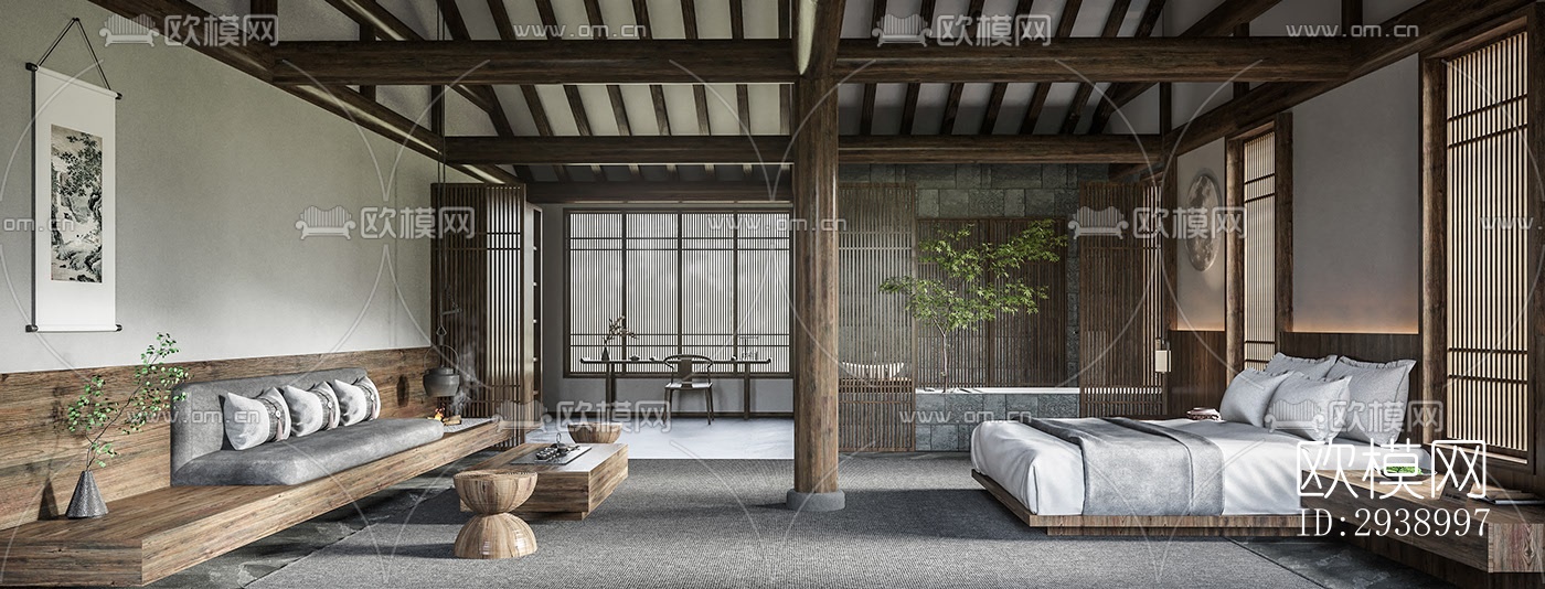 中式酒店民宿效果图下载（渲染图12）