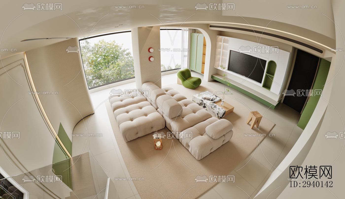 奶油风平层效果图下载（渲染图4）