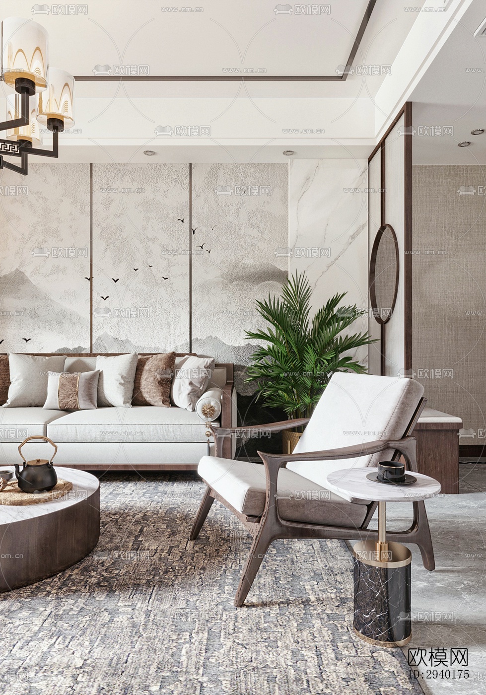 新中式平层效果图下载（渲染图1）