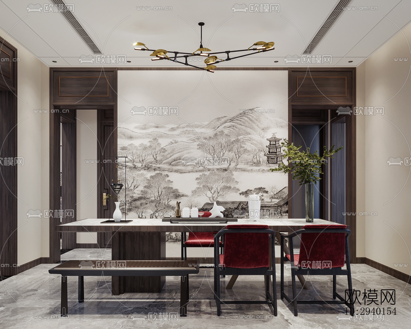 新中式平层效果图下载（渲染图10）