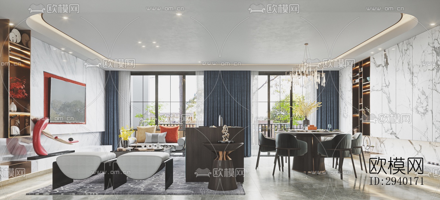 新中式平层效果图下载（渲染图9）