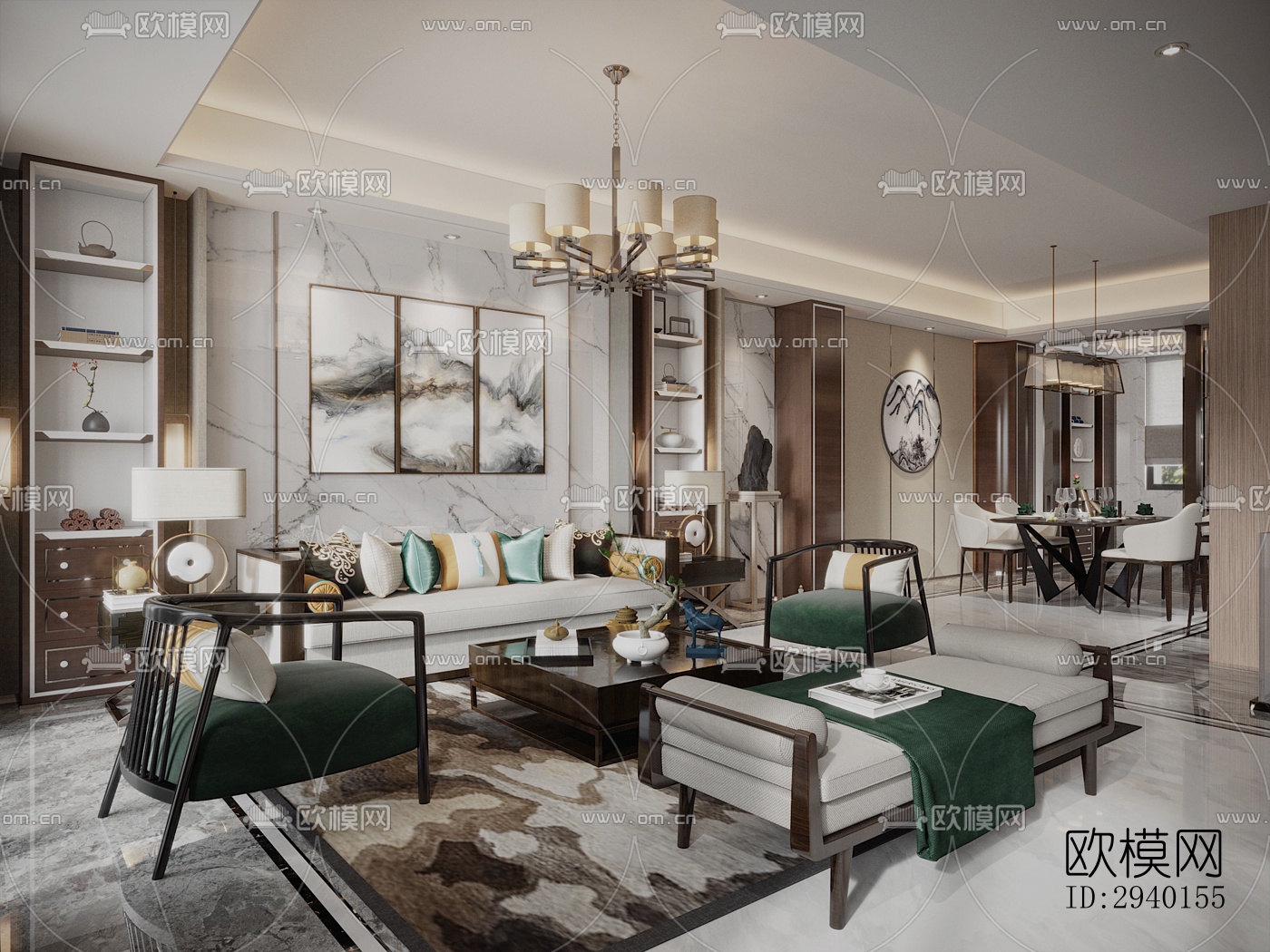 新中式平层效果图下载（渲染图3）