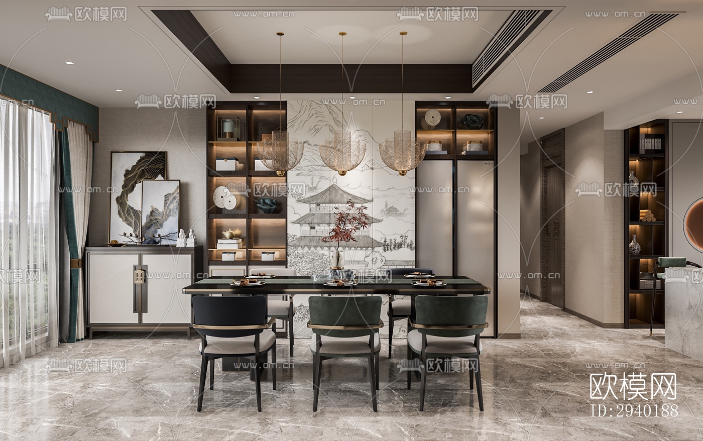 新中式平层效果图下载（渲染图2）