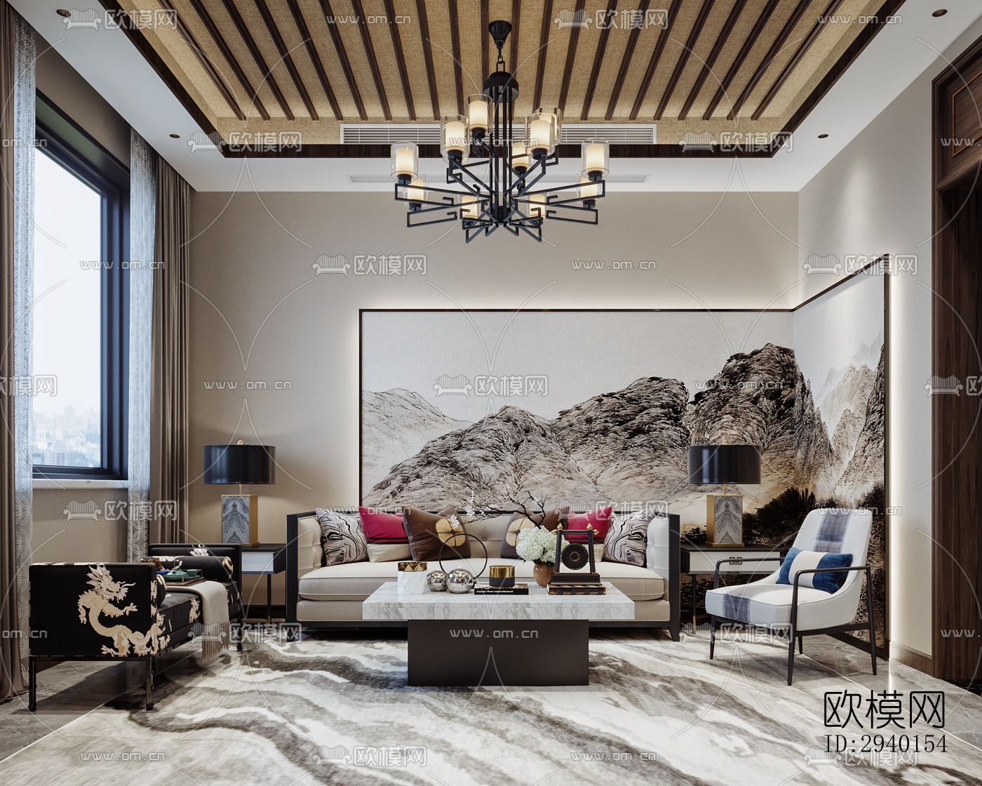 新中式平层效果图下载（渲染图6）