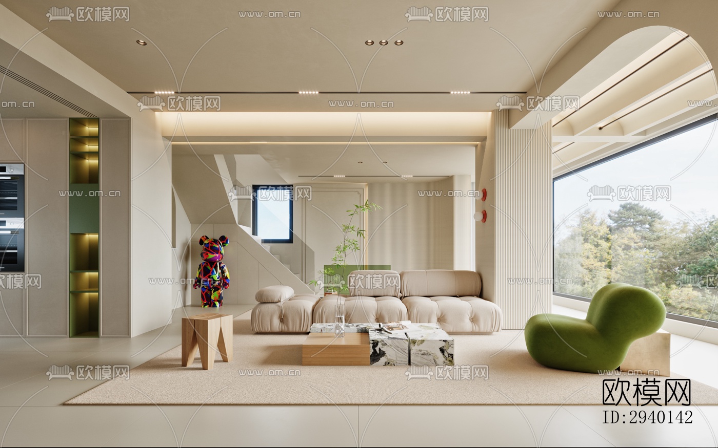 奶油风平层效果图下载（渲染图2）