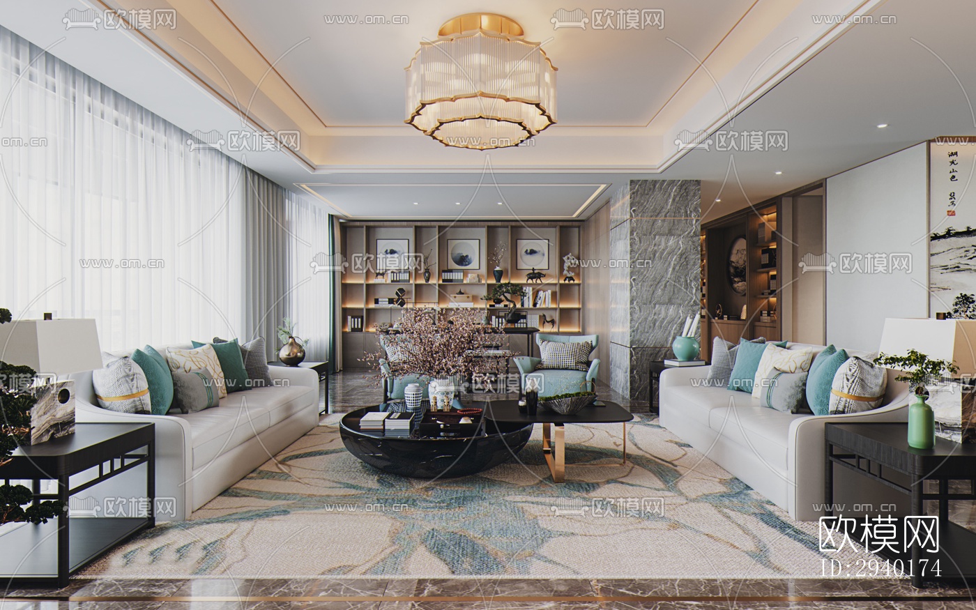 新中式平层效果图下载（渲染图8）