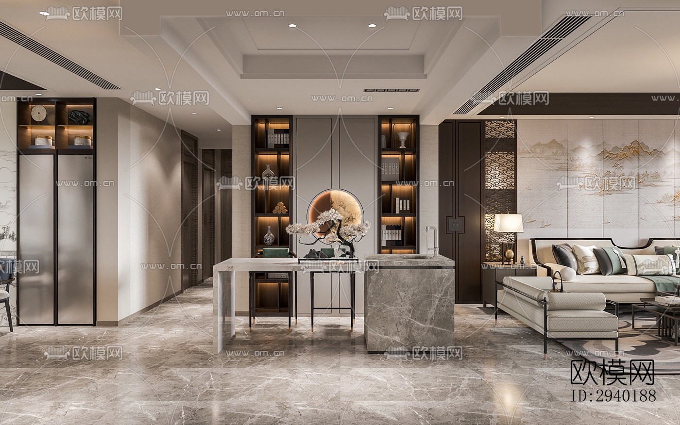 新中式平层效果图下载（渲染图1）