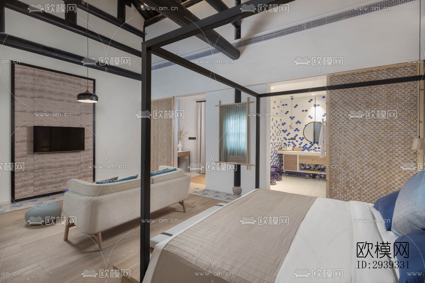 新中式酒店民宿效果图下载（渲染图11）