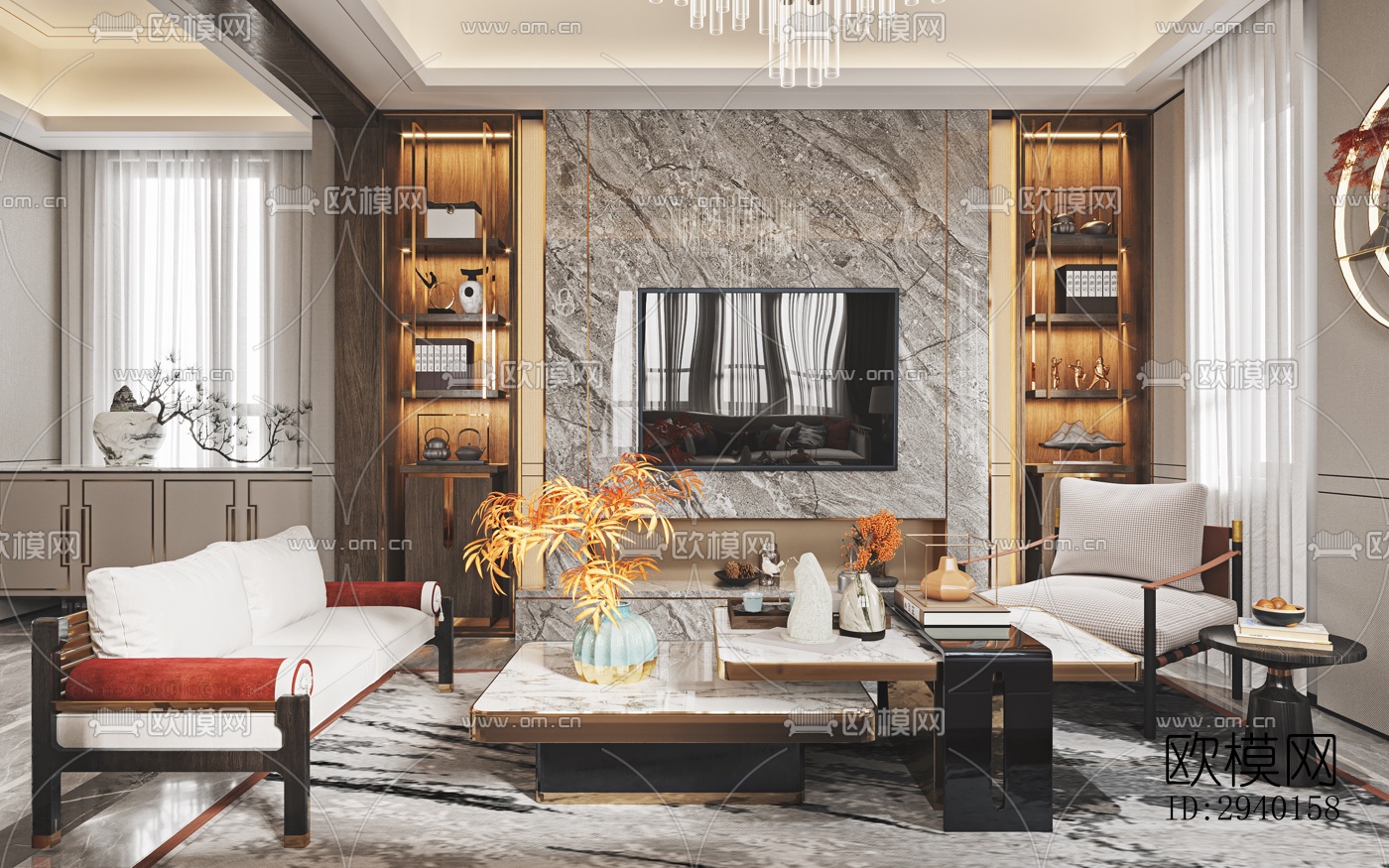 新中式平层效果图下载（渲染图7）