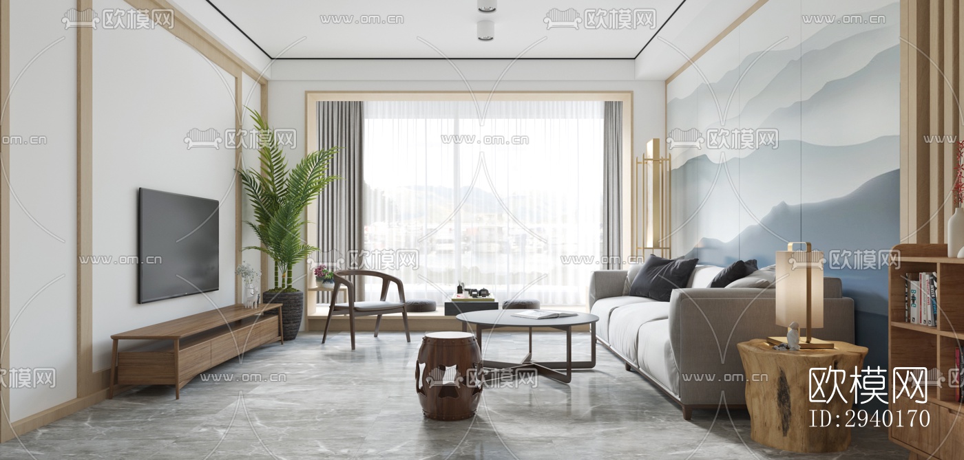 新中式平层效果图下载（渲染图6）