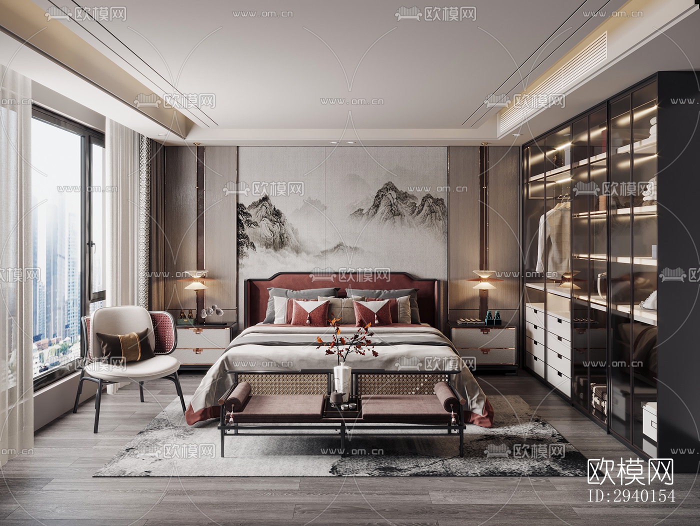 新中式平层效果图下载（渲染图11）