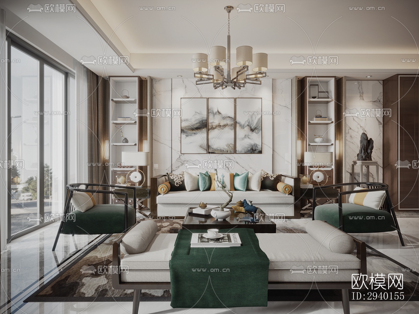 新中式平层效果图下载（渲染图2）