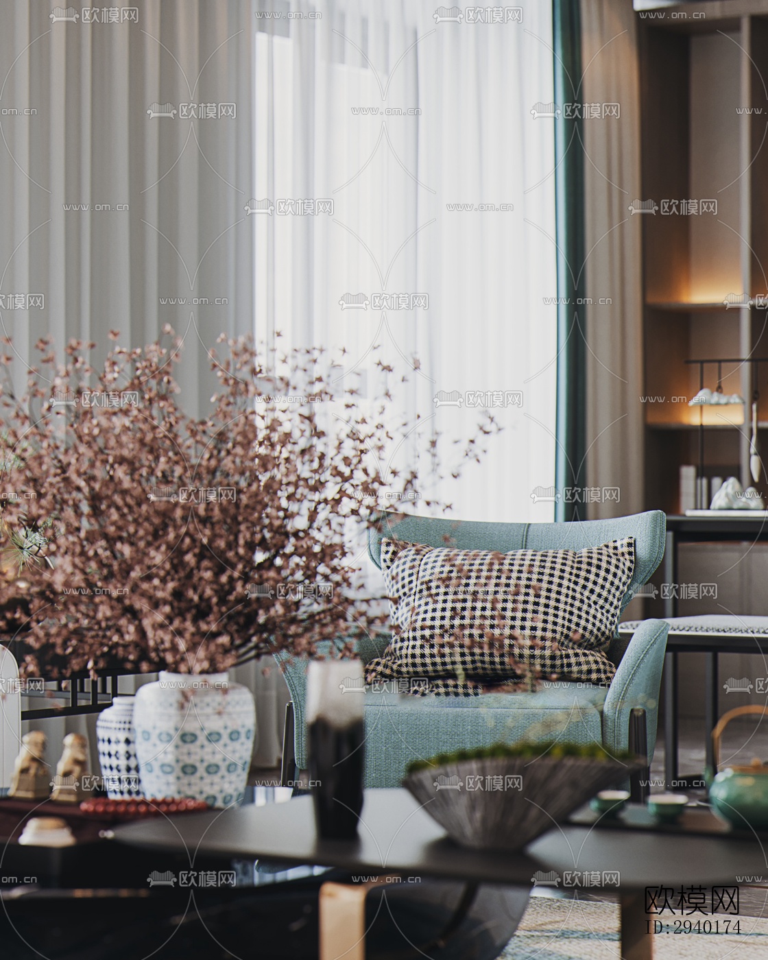 新中式平层效果图下载（渲染图5）