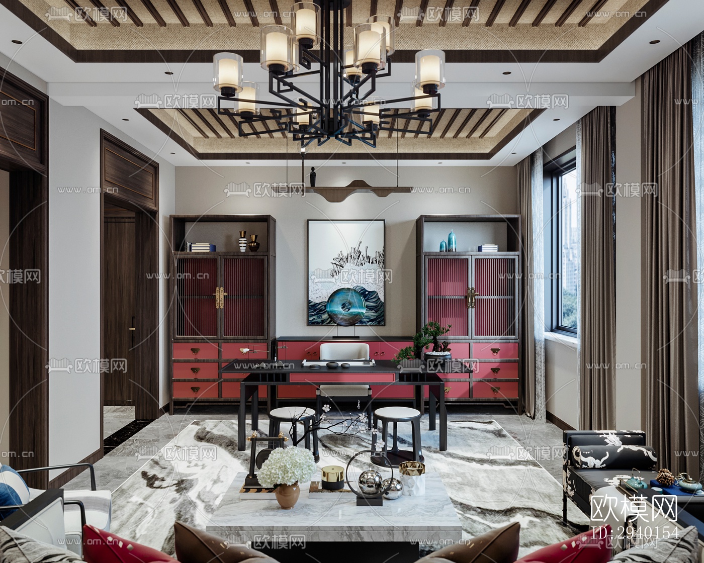 新中式平层效果图下载（渲染图4）