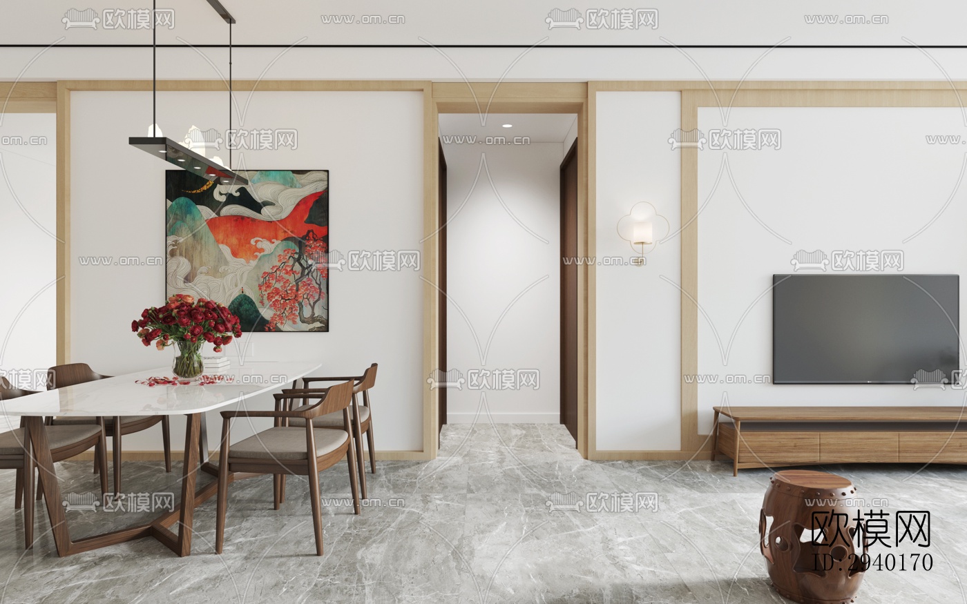 新中式平层效果图下载（渲染图7）