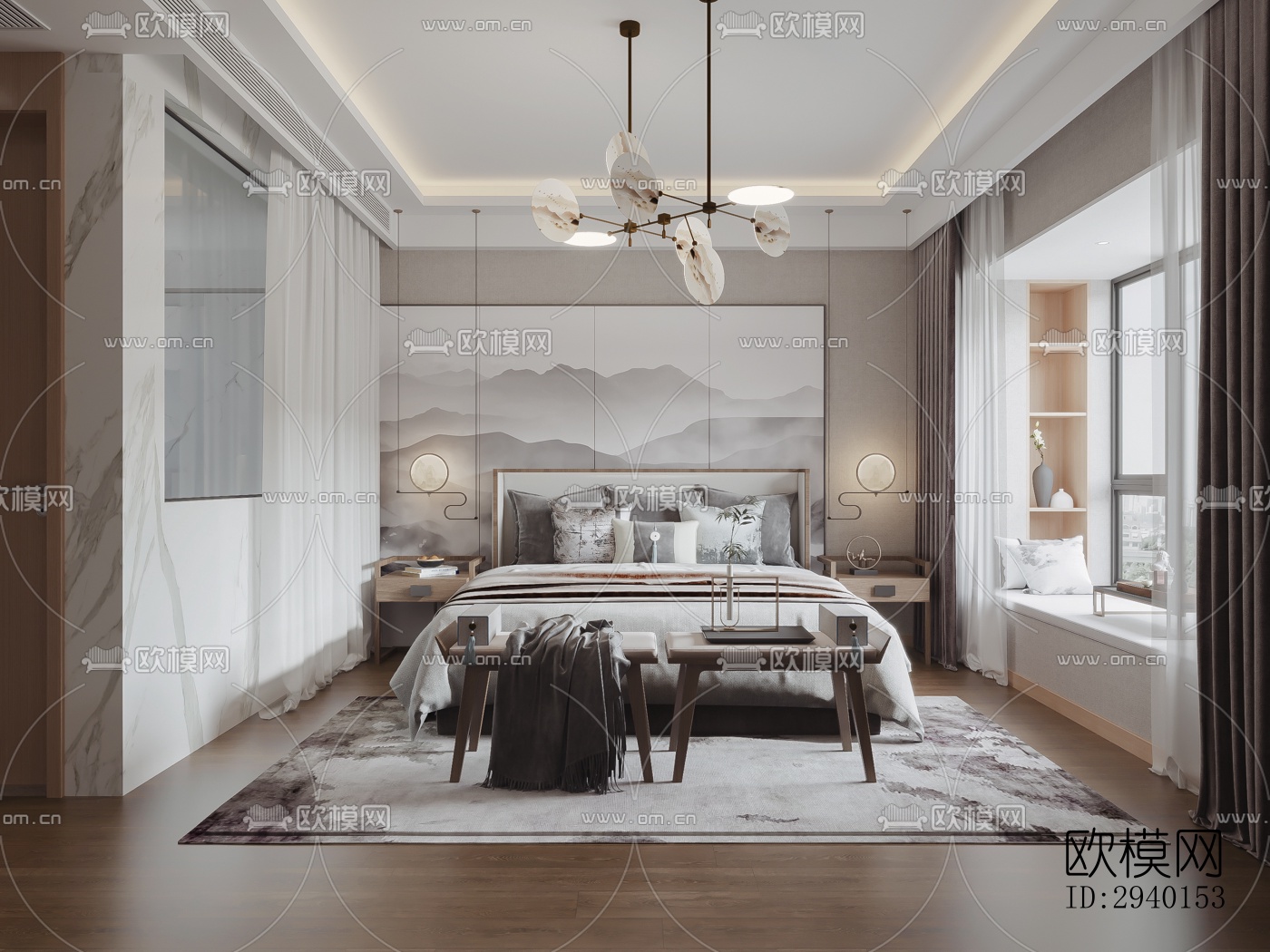 新中式平层效果图下载（渲染图4）