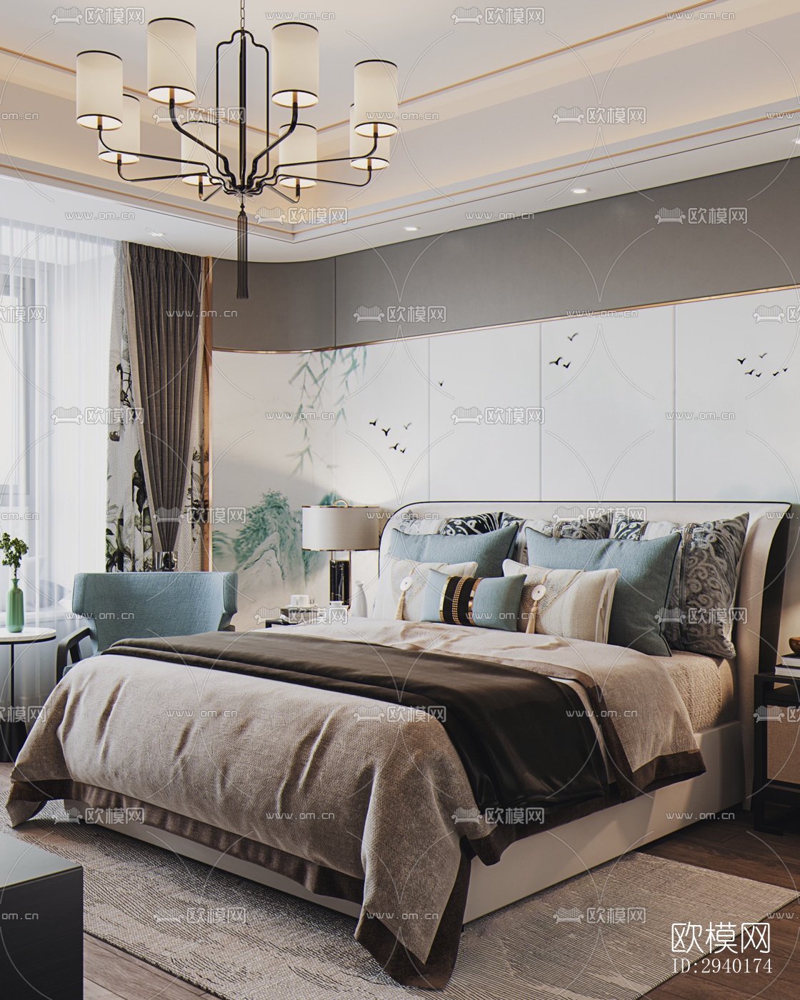 新中式平层效果图下载（渲染图6）