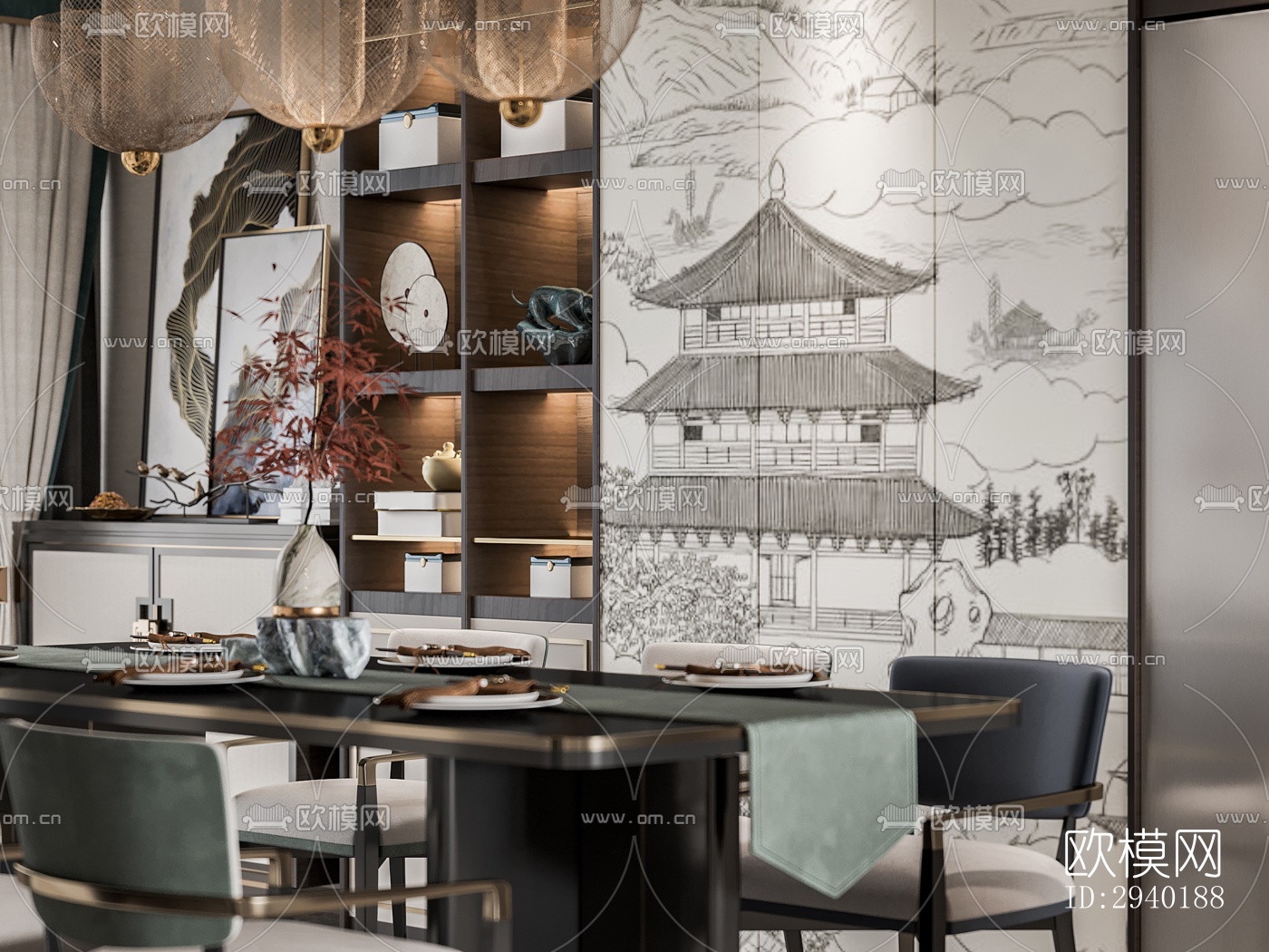 新中式平层效果图下载（渲染图4）