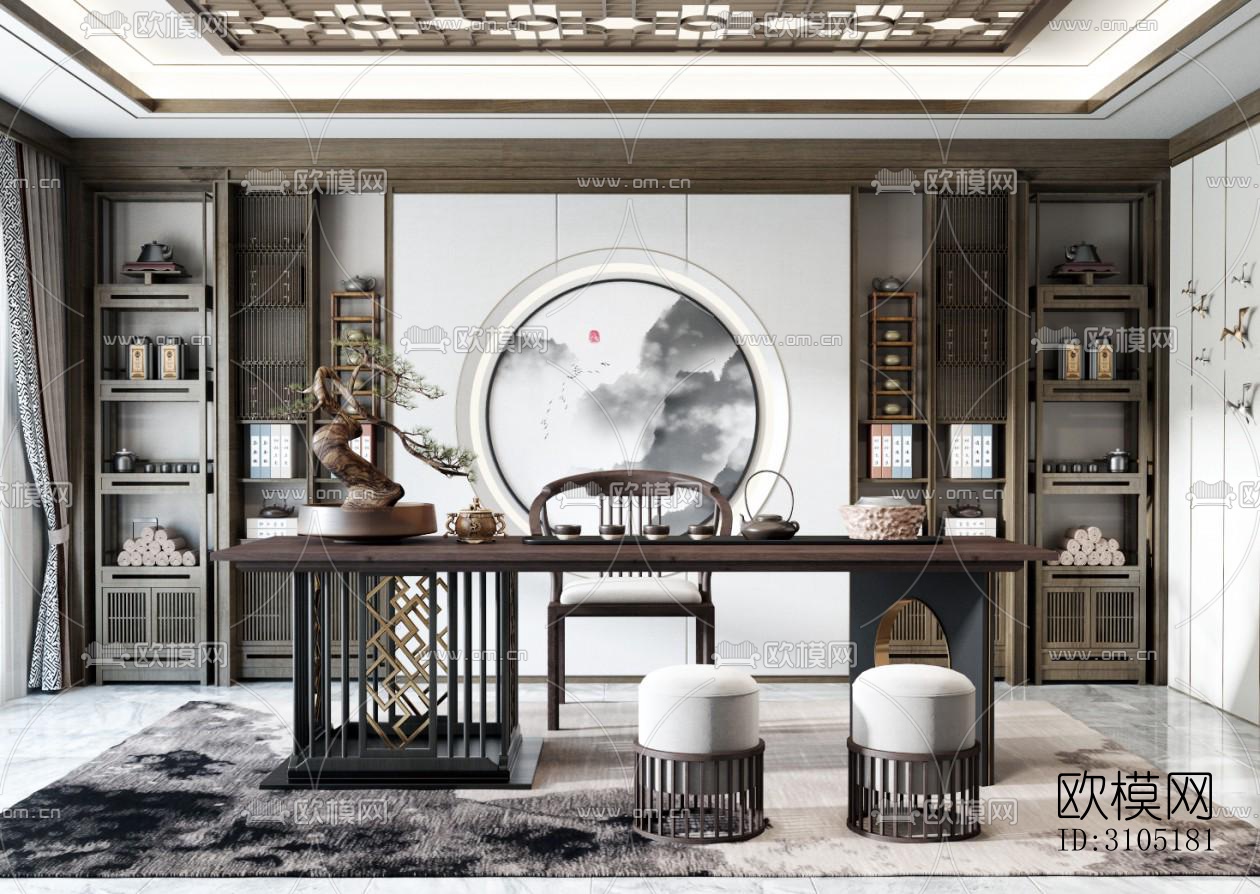 新中式茶室效果图下载（渲染图2）