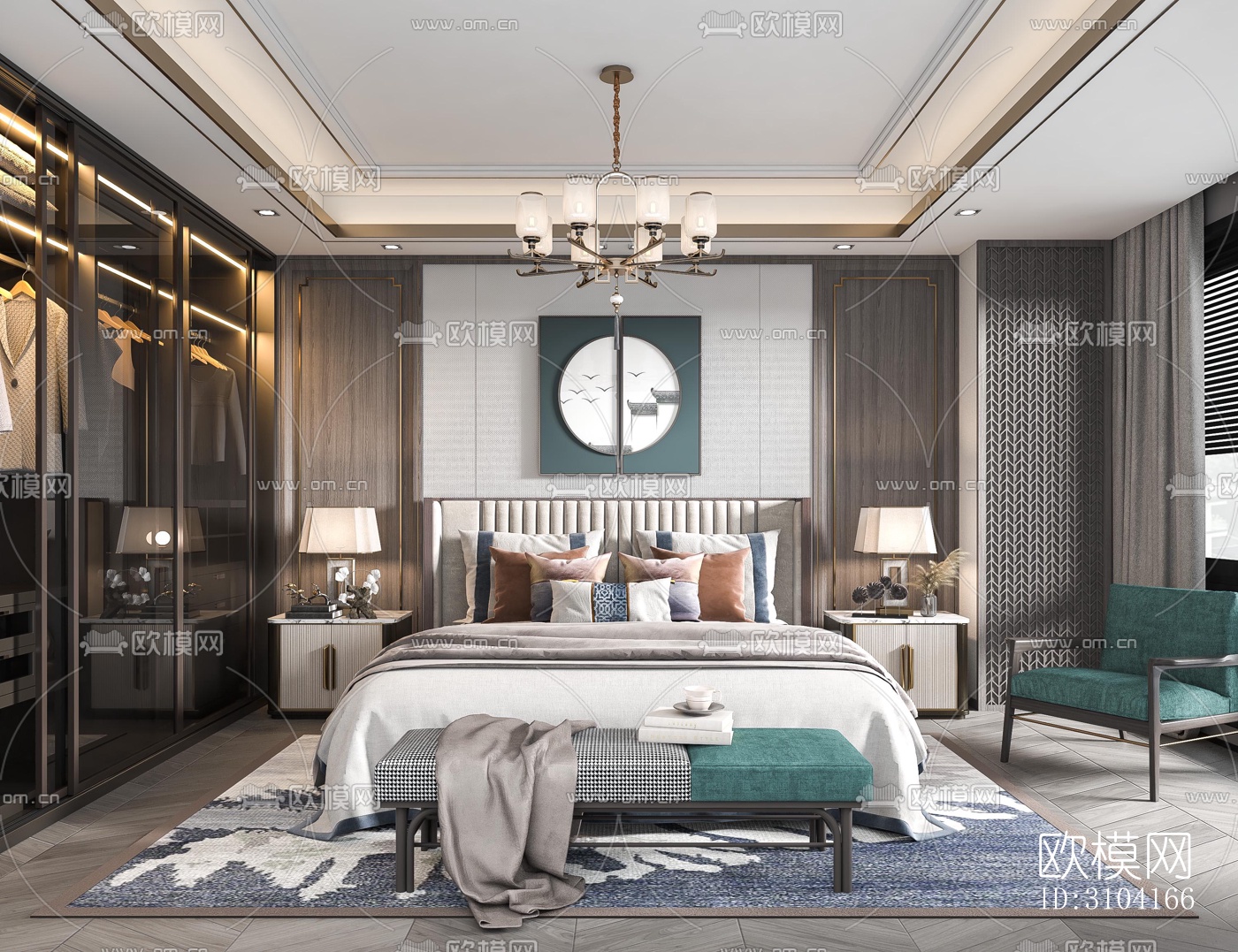 新中式卧室效果图下载（渲染图1）