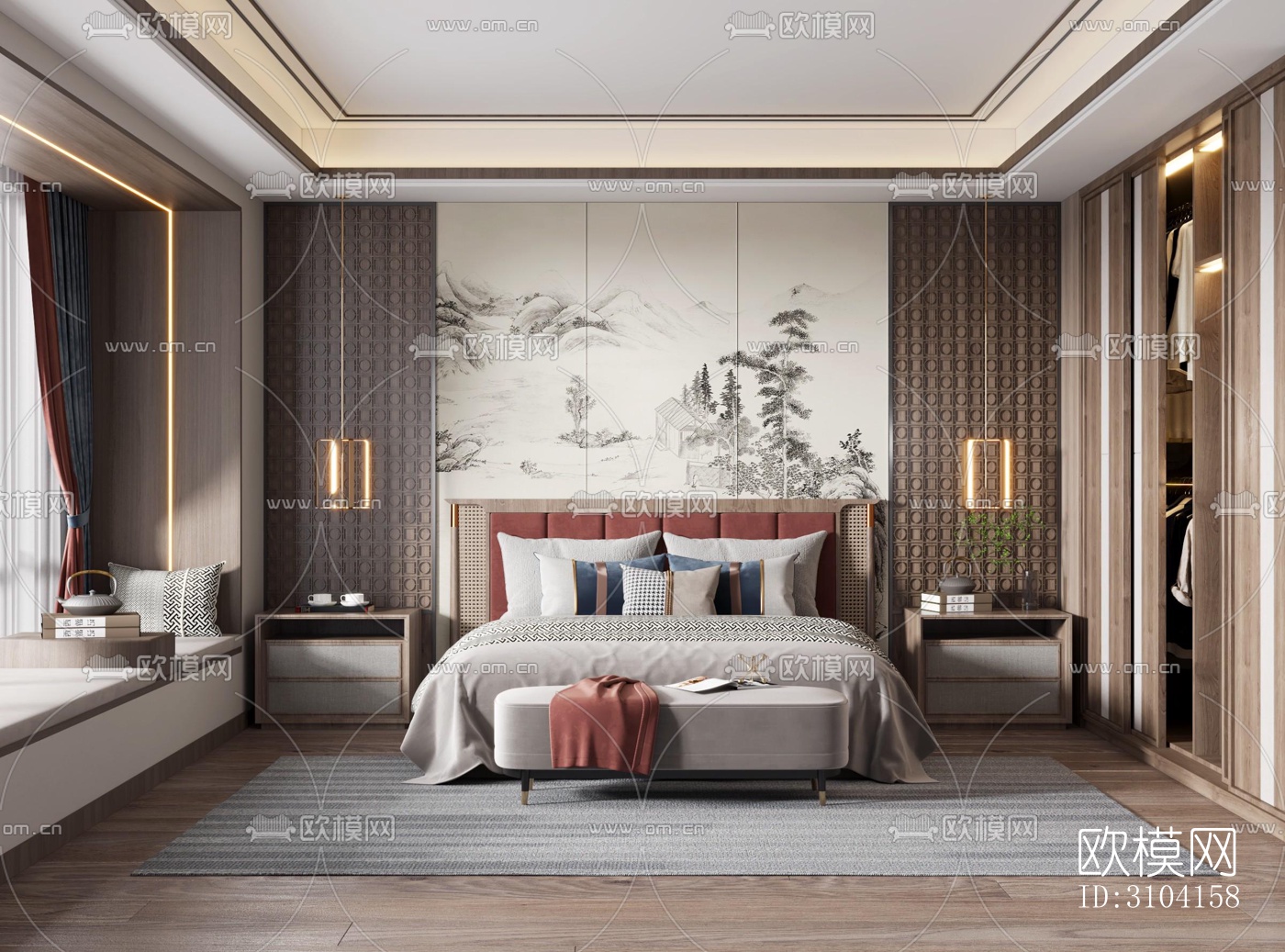 新中式卧室效果图下载（渲染图2）