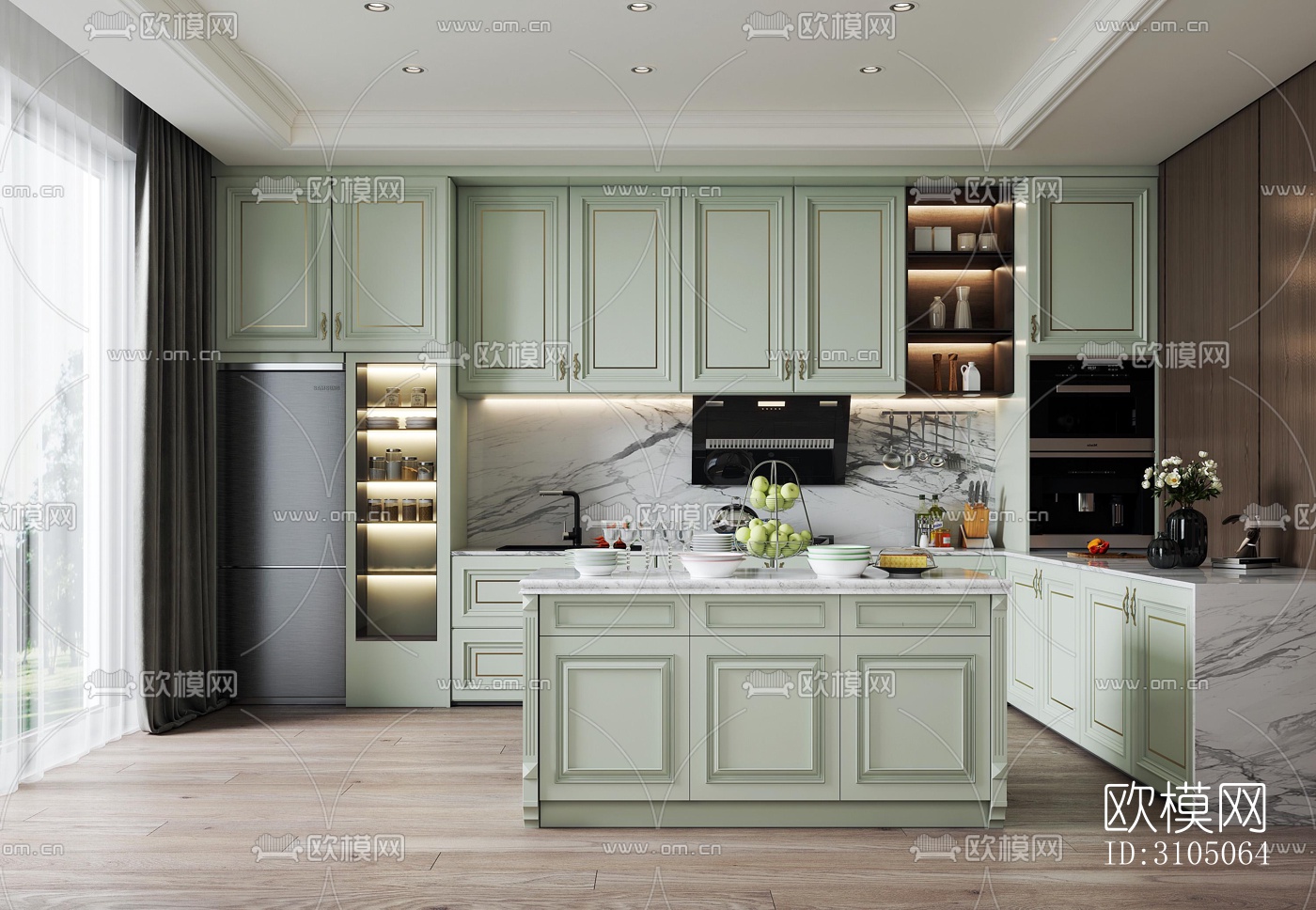 美式厨房效果图下载（渲染图1）