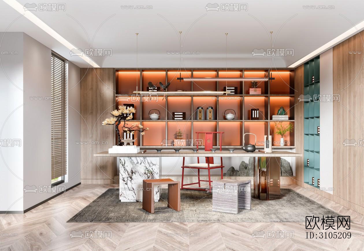 新中式茶室效果图下载（渲染图1）