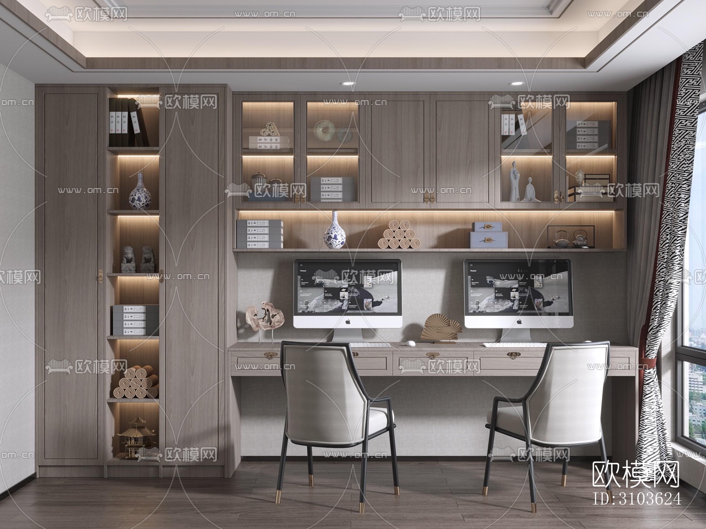 新中式书房效果图下载（渲染图5）