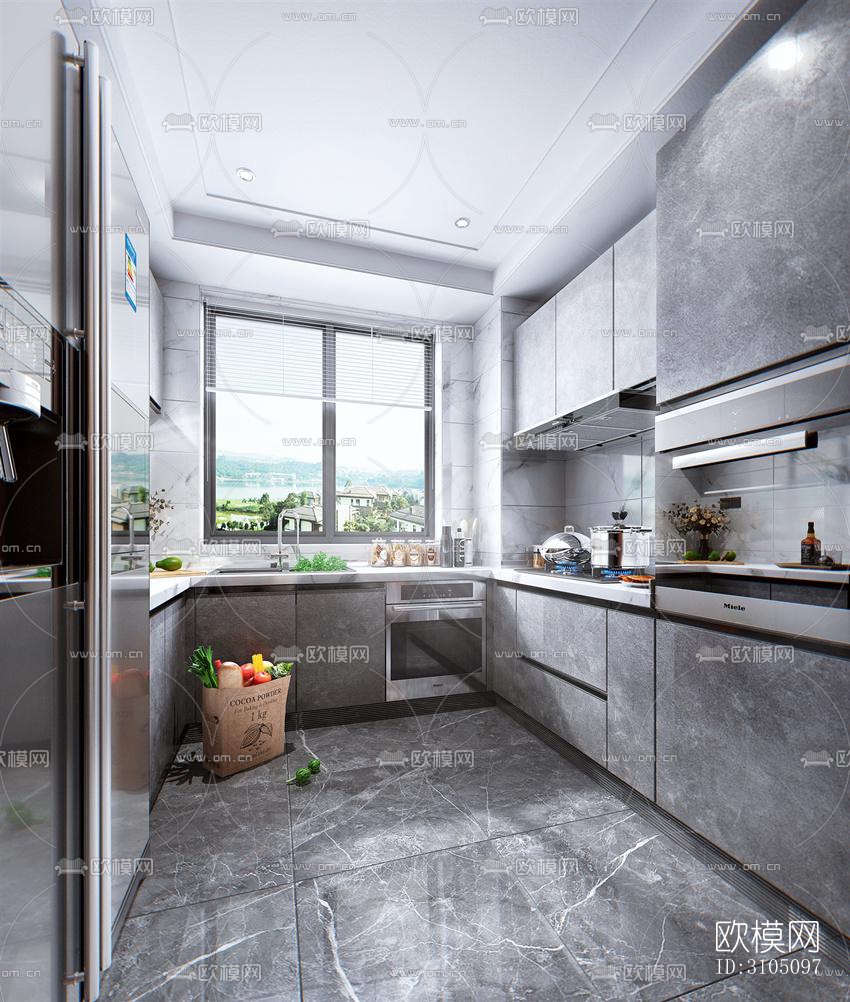 高级灰厨房效果图下载（渲染图4）