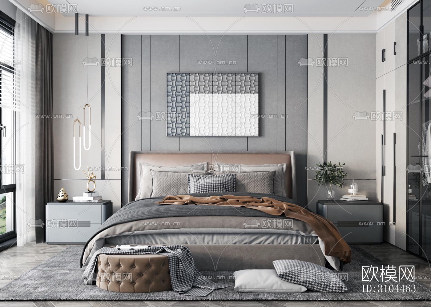 高级灰卧室效果图下载（渲染图2）