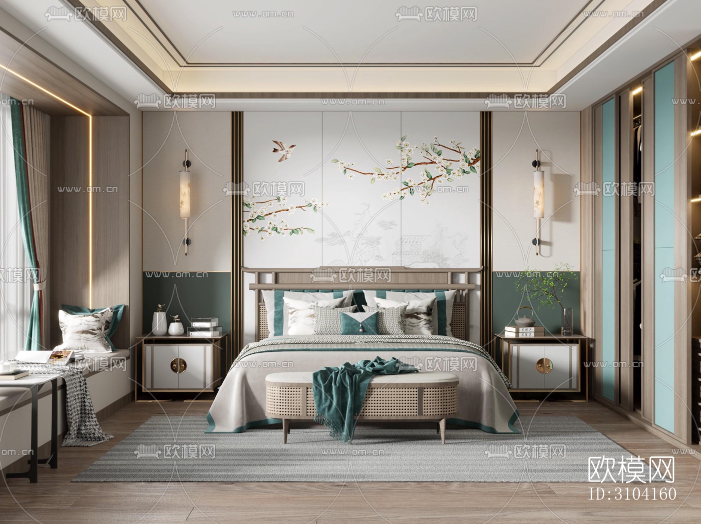 新中式卧室效果图下载（渲染图2）