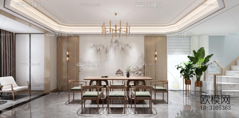 新中式餐厅效果图下载(渲染图4)
