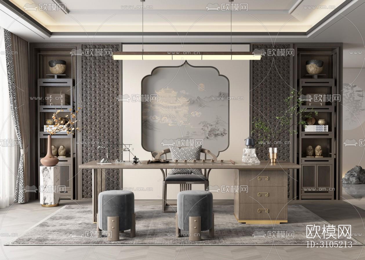 新中式茶室效果图下载（渲染图2）