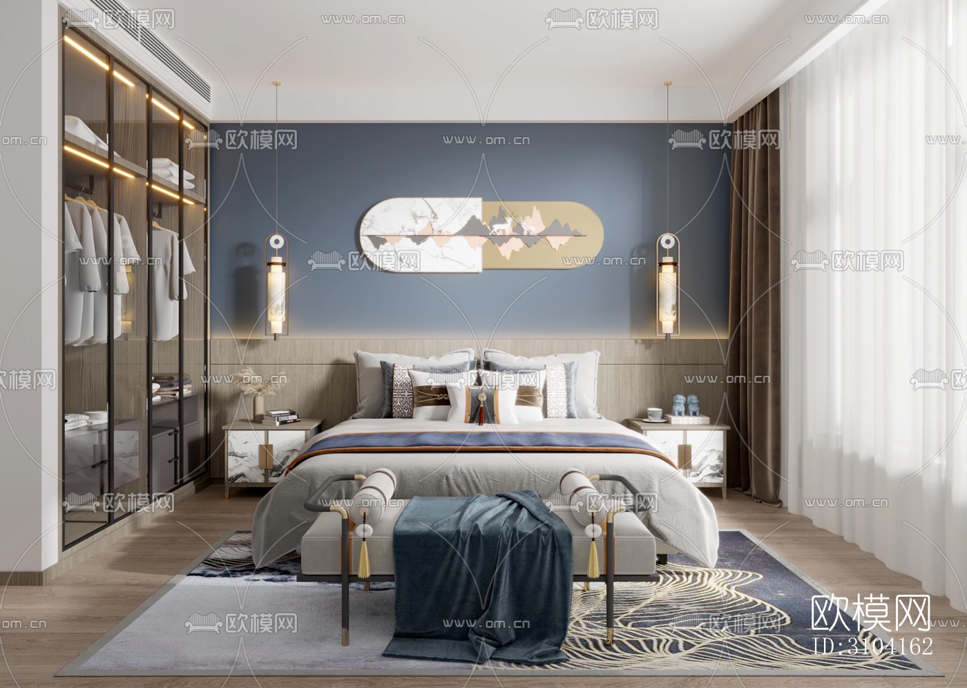 新中式卧室效果图下载（渲染图1）